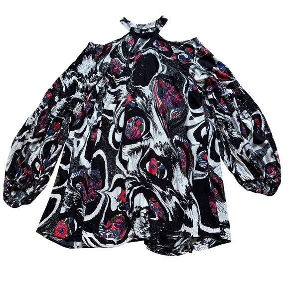 Free People Size M Halter Black Abstract Driftaway Cold Shoulder Tunic Top Dress - Picture 2 of 15